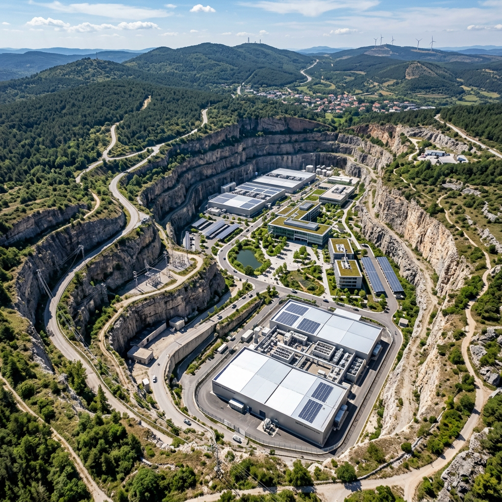 Industrial and office buildings with solar panels inside a large, circular mountain quarry with roads and greenery