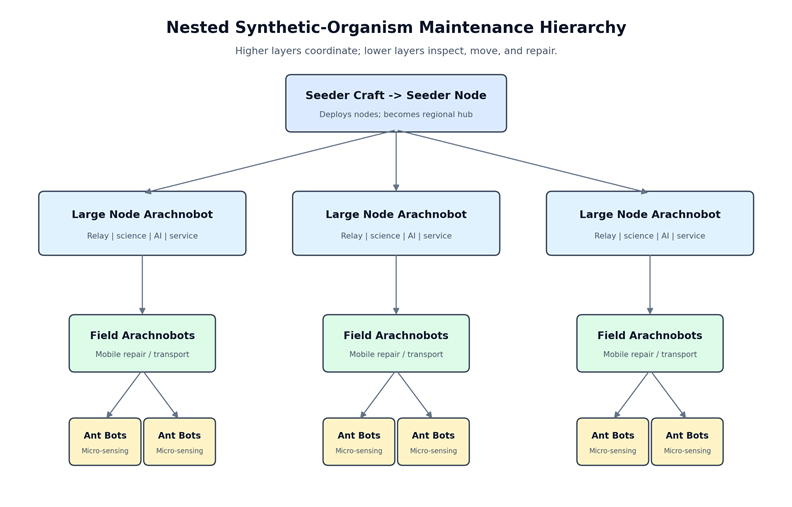 Diagram illustrating the Nested Synthetic-Organism Maintenance Hierarchy, detailing the structure and roles of Seeder Craft, Seeder Nodes, Large Node Arachnobots, Field Arachnobots, and Ant Bots.