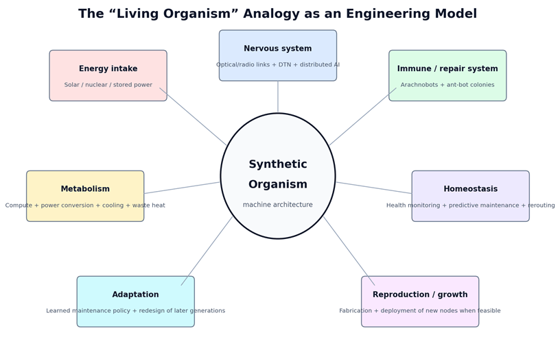 Diagram illustrating the 'Living Organism' analogy as an engineering model, featuring a central node labeled 'Synthetic Organism' surrounded by six systems: Energy Intake, Nervous System, Immune/Repair System, Homeostasis, Metabolism, Adaptation, and Reproduction/Growth. Each system is briefly described with relevant components.